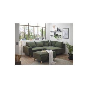 Lomadox - Ecksofa mit Hocker und 8 Kissen in grün, L-Form mit Recamiere rechts, Serie CUNEO-09