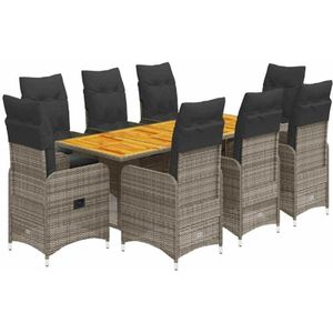 9-tlg. Garten-Bistro-Set mit Kissen Grau Poly Rattan vidaXL