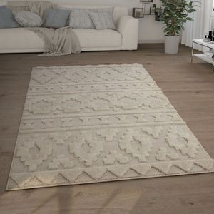 Paco Home Hochflor Teppich Wohnzimmer Shaggy 3D Optik Ethno Boho Vintage Look Weich 160x220 cm, Creme 4