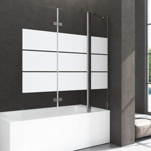 Duschwand für Badewanne 150x140cm Duschabtrennung 3-teilig Faltbar, Gestreift Glas Badewannenaufsatz mit festem Segment Duschtrennwand aus 5mm esg
