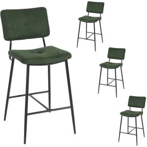 4er-Set Barhocker im Retro-Vintage-Stil – 69 cm hoher, gepolsterter Sitz – Hochstühle aus grünem Stoff – Beine und Fußstütze aus schwarzem Metall