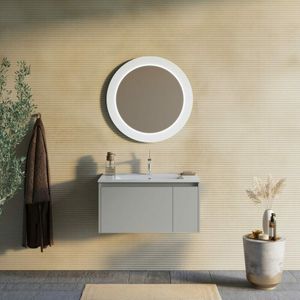 Kiamami Valentina - Badezimmerschrank 80Cm Beige Sand Mit Led Beleuchtetem Rundem Spiegel Monaco