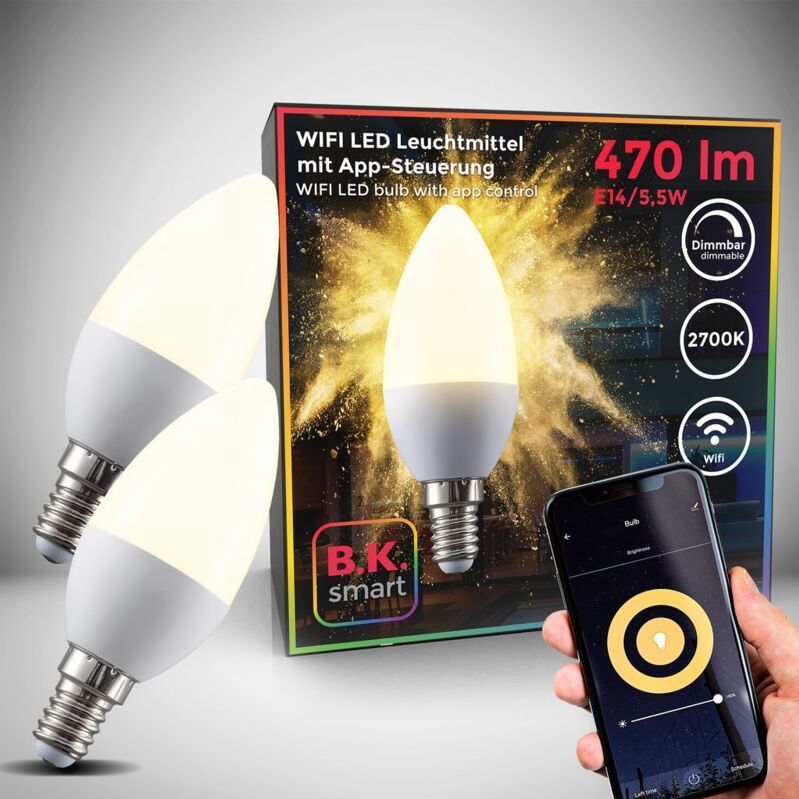 B.k.licht - led Glühbirne E14 2er Set - 5,5W, 470lm, smart, dimmbar, 2700K, weiß