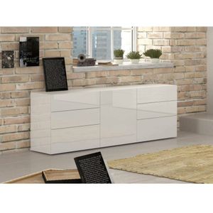 Kommode Dciss, Küchen-Sideboard mit 1 Tür und 6 Schubladen, Wohnzimmer-Buffet, Küchen-Sideboard, 100% Made in Italy, cm 170x40h35, glänzend weiß