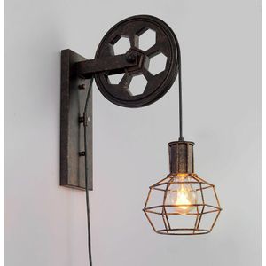 Kreativ Flaschenzug Wandlampe, Wandleuchte Innen, Vintage Industri Wandlampe mit Metallkäfig für Wohnzimmer Schlafzimmer (Rost)