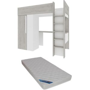 Hochbett mit Schreibtisch & Kleiderschrank + Matratze - 90 x 200 cm - Holzfarben Grau & Weiß - nicolas