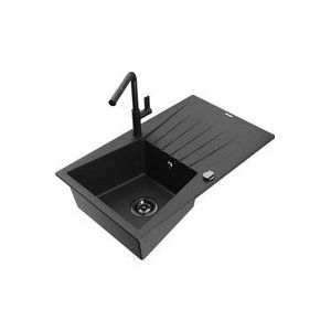 Cesar 1 Becken-Granitspüle mit Abtropffläche und Mischbatterie Flora, Schwarz/Silbermetallic - - Mexen