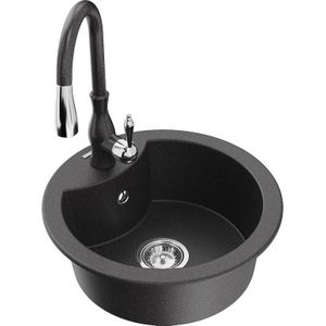 Diego 1-Becken-Granit-Spüle mit Mischbatterie Savita, Schwarz gesprenkelt - 6512-76-672601-76 - Mexen