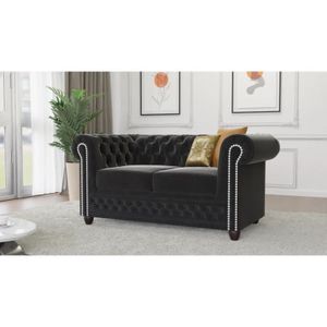 S-style Möbel - Kero - Chesterfield 2 sitzer Sofa mit Schlaffunktion aus Schwarz Samt-Stoff mit Holzfüßen