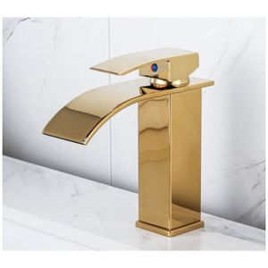 Goldlackierter Wasserfall-Wasserhahn, Heiß- und Kaltwasser-Aufsatzwaschbecken, Badezimmerschrank, Einloch-Wasserhahn,