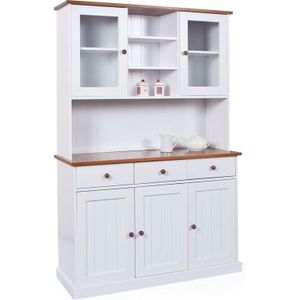 Dmora - Sideboard mit drei Türen und drei Schubladen mit oberer Vitrine, weiß mit braunen Details, 131 x 181 x 45 cm