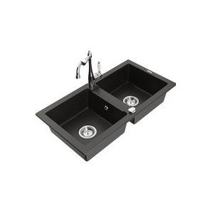 Mario 2-Becken-Granitspüle mit Mischbatterie Carla, Schwarz/Gold metallisch - 6504-75-670700-0 - Mexen