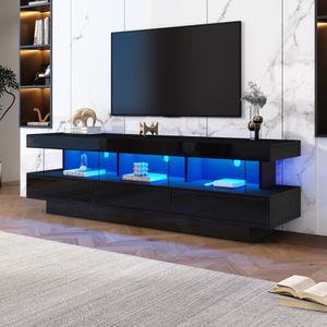 Glänzend schwarzer TV-Ständer, 160 x 38 x 50,5 cm, mit 3 Glasböden, LED-Beleuchtung, App-Steuerung, Bluetooth-Konnektivität für 70-Zoll-Fernseher,