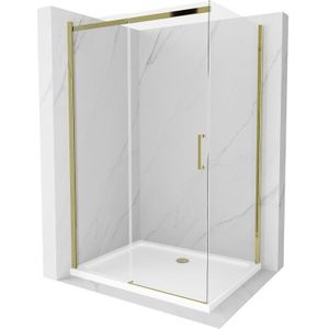 Mexen - Omega ausziehbare Duschabtrennung 120 x 100 cm, Transparent, Gold + Duschwanne Flat - 825-120-