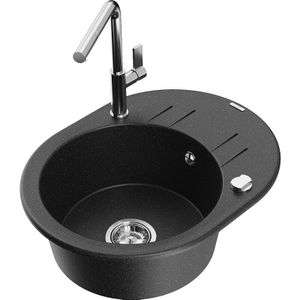 Mexen - Kevin 1 Becken-Granitspüle mit Abtropffläche und Mischbatterie Flora, Schwarz/Silbermetallic -