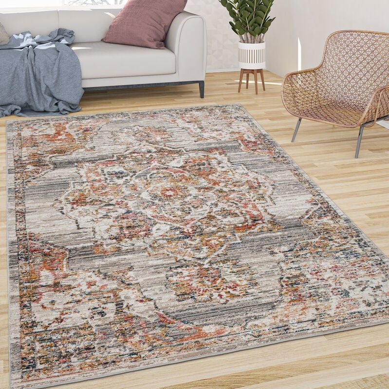 Paco Home - Teppich Wohnzimmer Kurzflor Vintage Pastell Orient Muster Mit Bordüre Grau Braun 120x170 cm