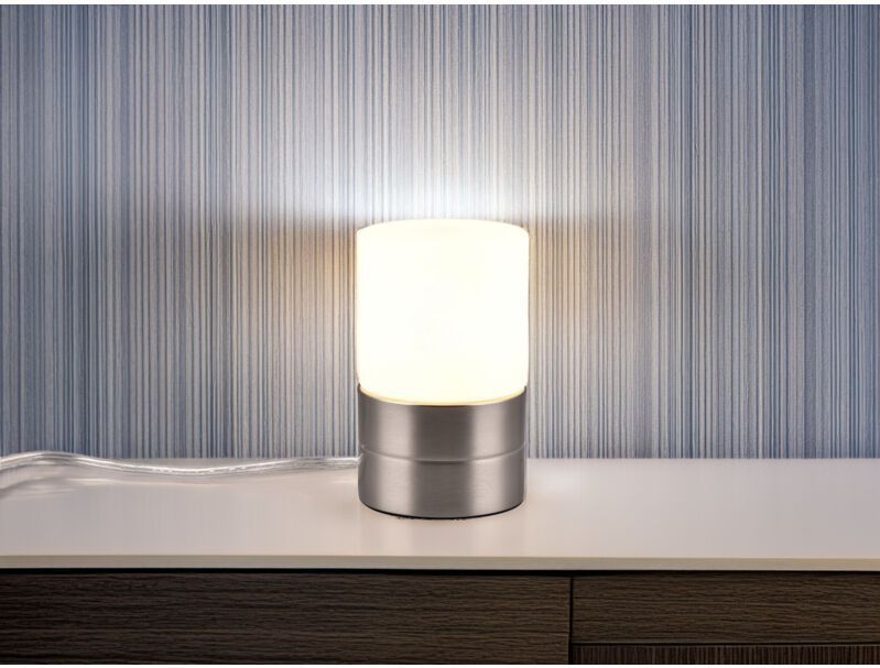 Kleine LED Tischleuchte per touch dimmbar, Silber mit Glasschirm, Höhe 15cm