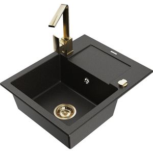 Enzo 1 Becken-Granitspüle mit Abtropffläche und Mischbatterie Rita, Schwarz/Gold metallisch - - Mexen