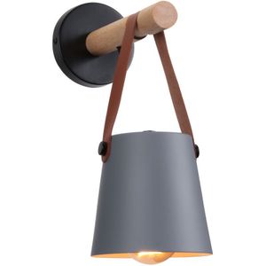 Wandleuchte aus Holz Innen, Moderne Wand Lampe mit Leder Lampenschirm, Eisen Wandbehang Lampe für Schlafzimmer Wohnzimmer Korridor (Grau)