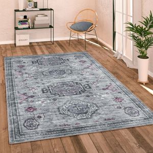 Teppich Wohnzimmer Flachgewebe Vintage Orient Ornamente Bordüre Waschbar Grau, 120 cm Rund - Paco Home