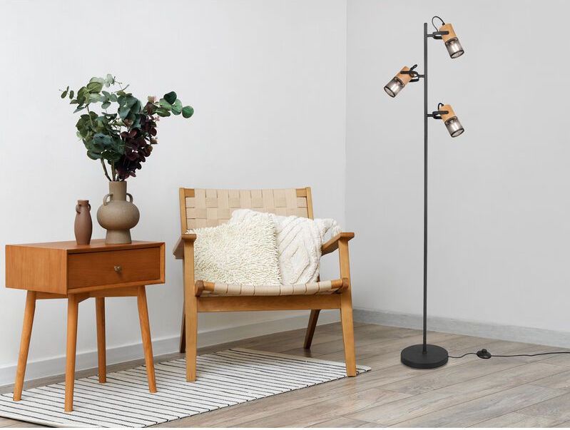 Dreiflammige TOSH Stehlampe mit schwenkbaren Metallgeflecht Spots Schwarz & Holz