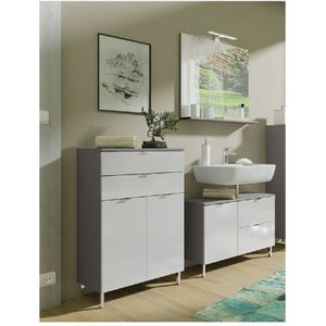 Lomadox - Badezimmer Waschplatz MACUL-01 in Hochglanz weiß und Graphit, Spiegel mit led Lampe - BxHxT ca. 155x200x34cm