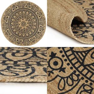 Vidaxl - Teppich Handgefertigt Jute mit Dunkelblauem Aufdruck 150 cm - Naturfaser Teppich - Jute Teppich - Gewebter Teppich - Dekorative Matten