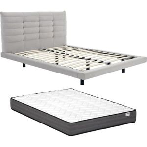 Vente-unique - Bett mit gestepptem Kopfteil + Matratze - 160 x 200 cm - Samt - Grau - nisatio
