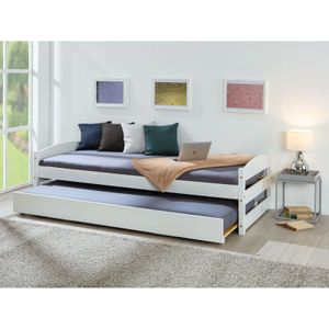 Dmora - Einzelbett mit zweitem Hubbett, Kiefer massiv weiß, cm 209x97x62