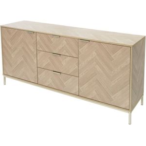 Sideboard 160x75,5x40 cm, Eiche Optik mit Fischgrätenmuster, Metallgestell Gold, Kommode mit 2 Türen und 3 Schubladen, Anrichte mit 5 Füßen,