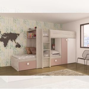 Schlafzimmer 1262 mit Etagenbett mit zwei Schubladen und Kleiderschrank in Altweiß und Altrosa