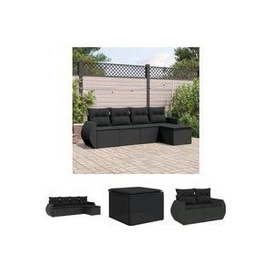 5-tlg. Garten-Sofagarnitur mit Kissen Schwarz Poly Rattan - Gartengestell - Outdoor Möblierung - Gartenmöbel Set - Lounge Set - Rattan Gartenmöbel