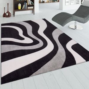 Designer Teppich mit Konturenschnitt Wellen Muster Schwarz Grau Weiss 240x330 cm - Paco Home