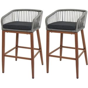 HHG - neuwertig] 2er-Set Rope-Barhocker 110, Outdoor Sitzpolster Seilgeflecht Metall Holz-Optik hellgrau, Kissen dunkelgrau