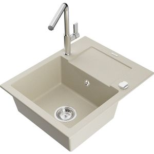 Enzo 1 Becken-Granitspüle mit Abtropffläche und Mischbatterie Flora, Beige - 6506-69-670401-00 - Mexen