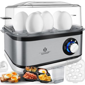 Eierkocher für 1 bis 8 Eier elektrisch aus Edelstahl 500W & Warmhaltefunktion LED-Drehschalter Spülmaschinenfest / Schwarz / Silber - Kesser