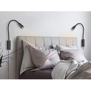 Meinewunschleuchte - 2er set Leselampen für Bett- oder Wandmontage mit Kabel & Stecker, Schwarz