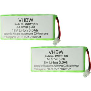 vhbw 2x Akku Ersatz für Husqvarna 588 14 64-02, 580 68 33-02, 580 68 33-01, 580 68 33-03, 588 14 64-01 für Rasenroboter (3000mAh, 18V, Li-Ion)