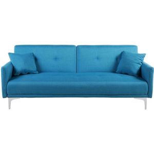 Beliani - 3-Sitzer Schlafsofa Seeblau Stoffbezug Gesteppt mit Silbernen Metallbeinen 2 Kissen Retro Klappsofa Wohnzimmer Sofa mit Schlaffunktion