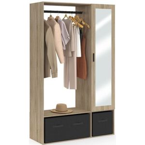 Garderobenschrank berenice 105 x 40 x 172 cm Buche mit Regalen + schwarzen Aufbewahrungsboxen + Spiegel
