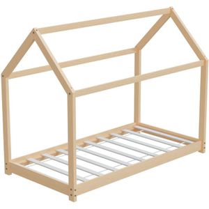Hago - 24 Kinderbett 80x160cm Natur Kinderhaus Bett Kiefernholz Hausoptik Dach Bodentiefer Einstieg Montessori Lattenrost Spielbett