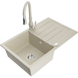 Bruno 1 Becken-Granitspüle mit Abtropffläche und Mischbatterie Savita, Beige - 6513-69-672601- - Mexen
