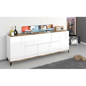 Dmora - Kommode Dnatal, Küchen-Sideboard mit 6 Türen, Wohnzimmer-Buffet, 100 % Made in Italy, cm 200x40h82, glänzend weiß und Ahorn