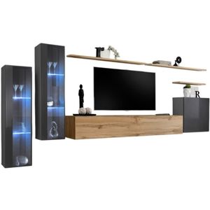 Meublorama - Wohnzimmer-Wandmöbelset switch xi im Design, Farben Wotan-Eiche und glänzendes Grau.
