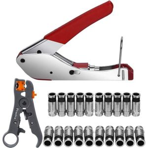 Alovez - Kompressionszangen Set, Crimpzange Abisolierzange RG59 / RG6 mit 20 Stück f Kompressionsstecker für sat Kabel, Koaxialkabel Abisolierzange