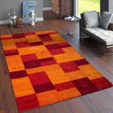 Teppich Wohnzimmer Kurzflor Ethno Design Geometrisch Handgearbeitet Gabbeh 120x170 cm, Terracotta - Paco Home