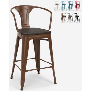 Barhocker aus stahl mit holzrückenlehne im industriestil Steel Wood Back - Braun