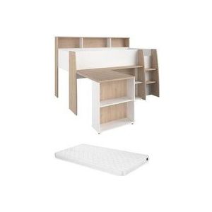 Vente-unique - Kombibett - 90 x 200 cm - mit Schreibtisch & Stauraum - Weiß & Holzfarben + Matratze- apolino