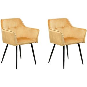 Esszimmerstuhl 2er Set Senfgelb Samtstoff mit Schwarzen Metallbeinen Glamourös Modern Wohnzimmer Essbereich Flur Diele Ausstattung Möbel