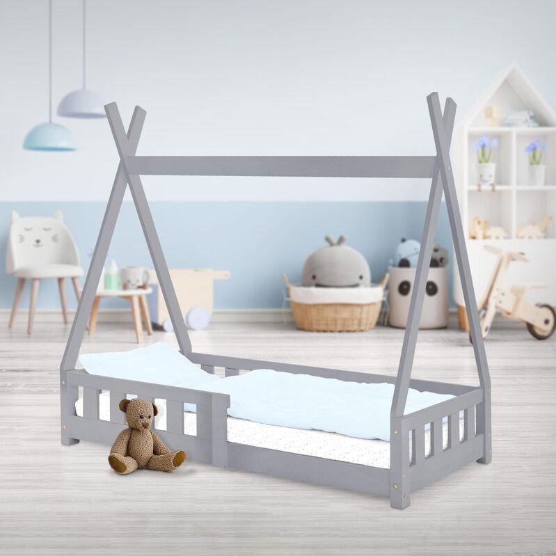 Kinderbett Tipi 70x140 cm Hellgrau mit Rausfallschutz und Lattenrost, Kiefernholz, Indianer Bett aus Massivholz für Mädchen und Jungen, Hausbett mit
